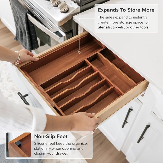 Silverware & Utensil Drawer Organizer, 10.5-19 in, Acacia | Cutlery, flatware, food-safe contract grade, kitchen drawer fit - Image 6