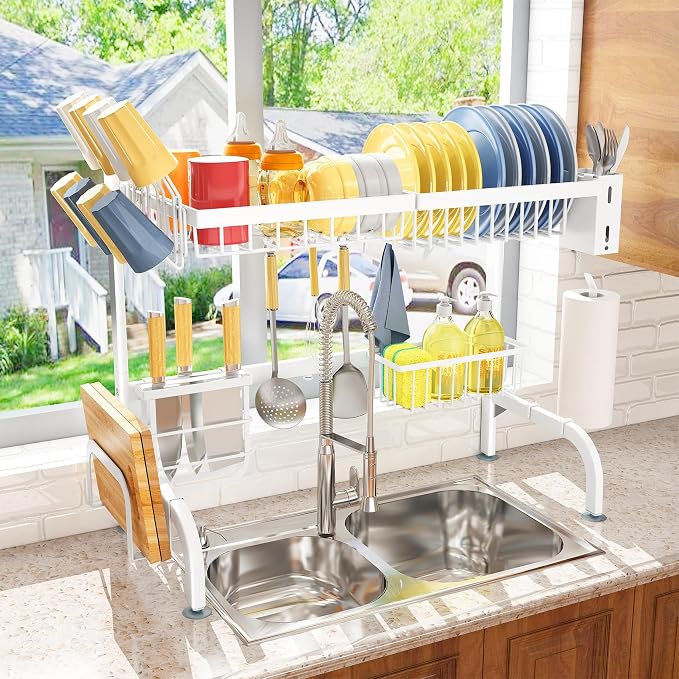 Over The Sink Dish Drying Rack, Adjustable (25.5 to 36.5 inch) 2 Tier Metal Steel Dish Drying Racks for Kitchen Counter with Hooks Paper Towel Utensil Cup Holder Sink Caddy (White) | All-in-One Large Capacity, Snap-On Design for Flexible Use, Strong Me... - Image 2