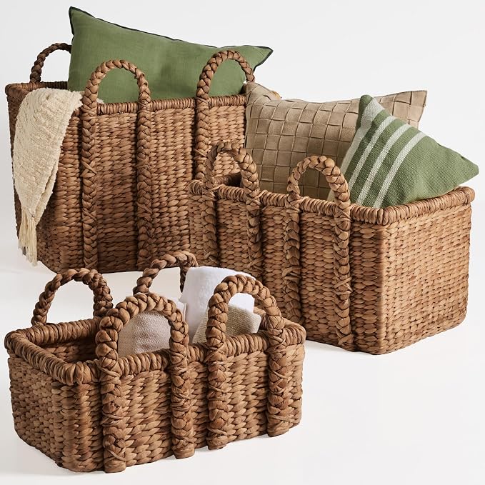 Best Choice Products 3Pc Shelf Baskets, Small, Large and XL Chunky Woven Wicker Rattan Storage Baskets w/Braided Handles, Organizer Bins for Blankets, Pillows, Shoes and Toys - Chestnut by Unknown