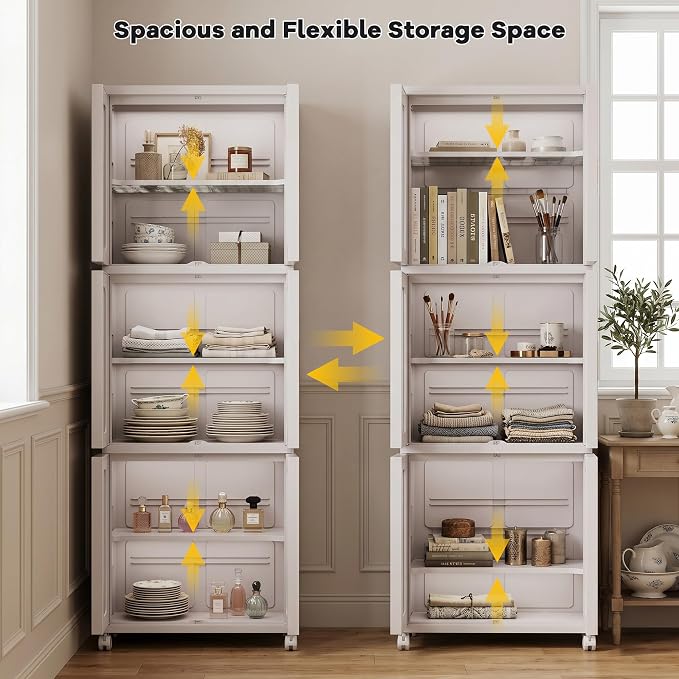 3-Tier Tall Narrow Plastic Storage Cabinet, Foldable | Rolling Organizer with Lid,Doors,Stackable, Adjustable Shelves, Durable PP,Freestanding Bathroom Cabinet for Small Slim Space - Image 5