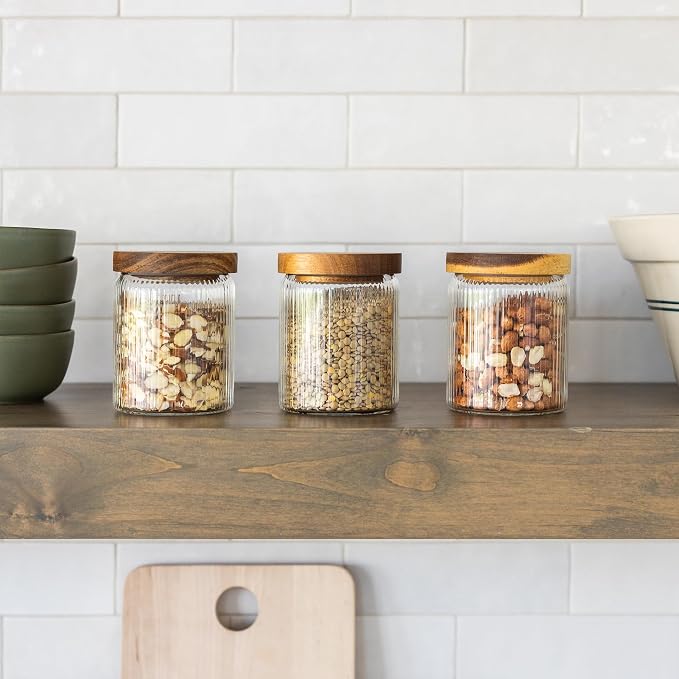 Mason & Fable Ribbed Glass Jar with Wooden Lid 17oz, Set of 3 | Airtight Fluted Storage Canisters for Food, Tea, Coffee, Candy/Spice | Organization Canisters for Home & Kitchen - Image 3