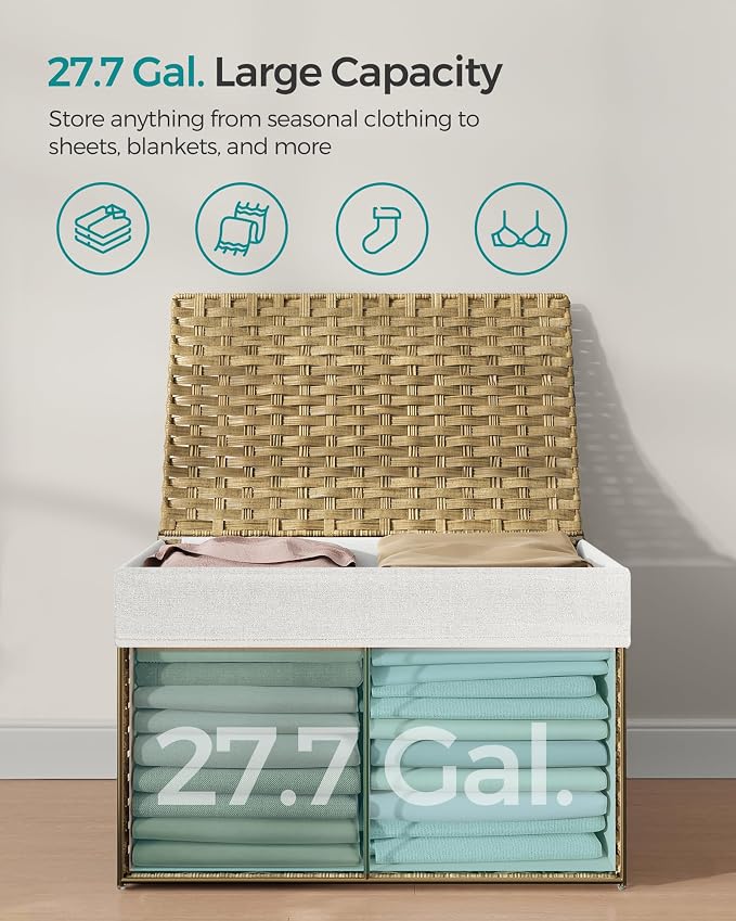 SONGMICS Storage Basket with Lid, Woven Blanket Storage Bin with Handles, Foldable, Removable Liner, Metal Frame, for Bedroom, Laundry Room, 27.7 Gallons (105 L), Natural URST066N01 - Image 8