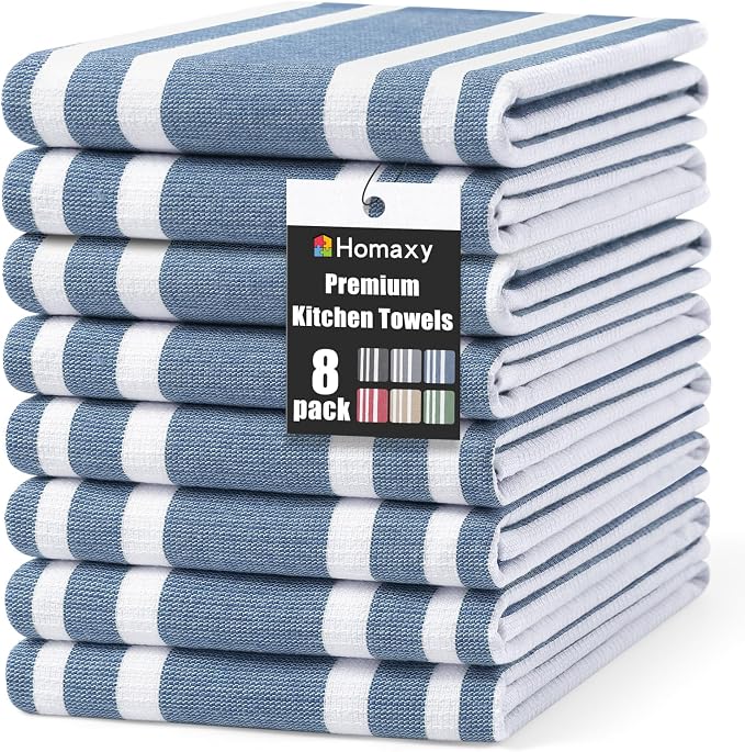 Homaxy Premium Cotton Stripe Kitchen Towels 8 Pack, 18"x 28", Navy Blue | Large 380 GSM Kitchen Hand Towels, Soft Terry Dish Towels, Highly Absorbent Tea Towel Set with Hanging Loop by Homaxy