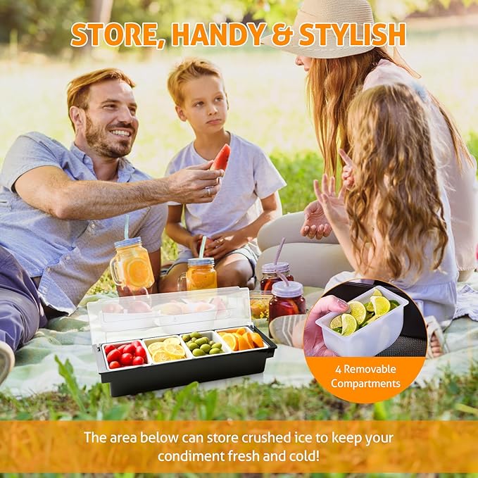 WICHEMI Fruit, Veggie & Condiment Caddy with Lid Dispenser Tray Plastic Garnish Station for Bartending & Serving Taco, Ice Cream, Salad Bar - Topping Organizer for Restaurant Supplies (4 Compartment+3 - Image 5