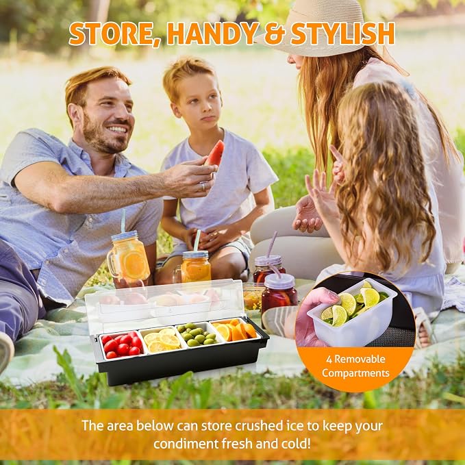 WICHEMI Ice Chilled Condiment Caddy with 4 Removable Trays and Lid, 2 Pack | Condiment Container, Taco Bar Serving Tray, Fruit & Garnish Trays Serving Platter for Salad, Party Supplies & Bar Accessories - Image 4