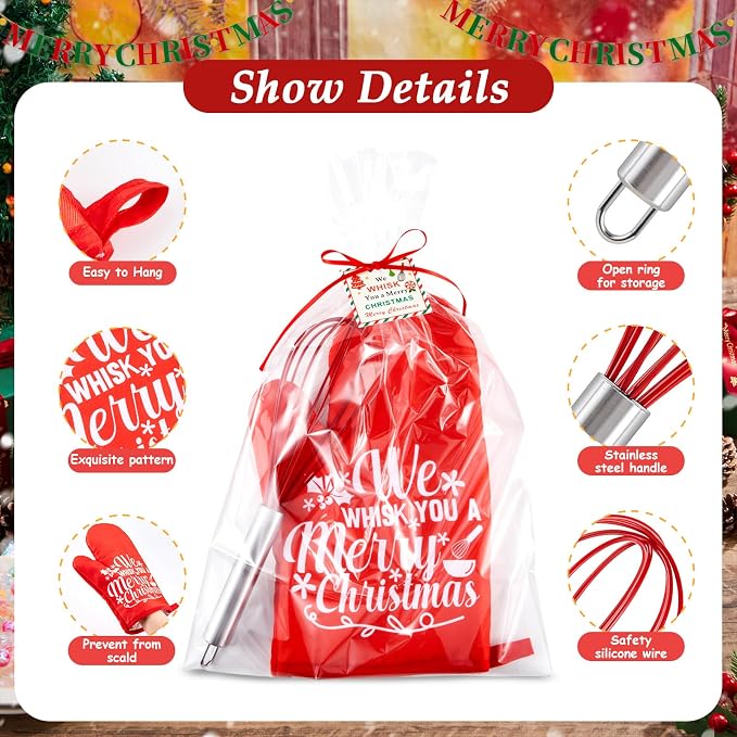 LemonRoad 12 Sets Christmas Whisk Baking Gift Set Xmas Silicone Whisks Oven Mitt Pot Holder Greeting Cards Ribbon Bags for Holiday Kitchen Utensils Cooking Supplies Neighbor Gift(Exquisite,Red) - Image 3