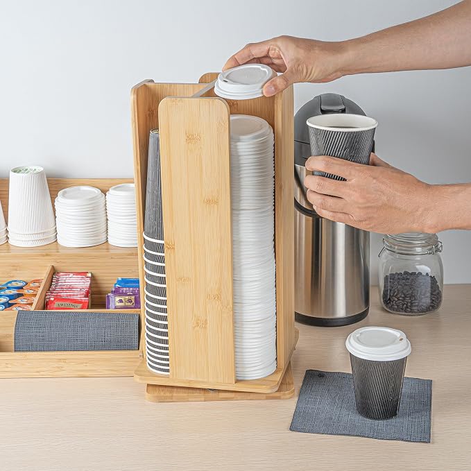 Restaurantware Restpresso 9 x 18 Inch Coffee Cup and Lid Organizer 1 Revolving Cup and Lid Holder - 4 Section Countertop Natural Bamboo Cup and Lid Dispenser For Restaurants Homes or Offices - Image 5