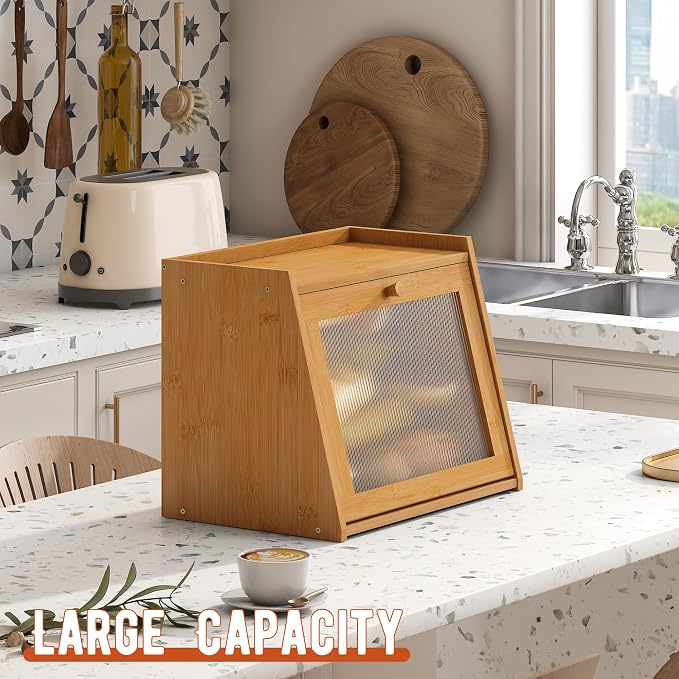 GHWIE Large Bread Box, Easy Access & Cleaning - Bamboo Bread Box for Kitchen Countertop with Acrylic Door (Natural, Large) - Image 5