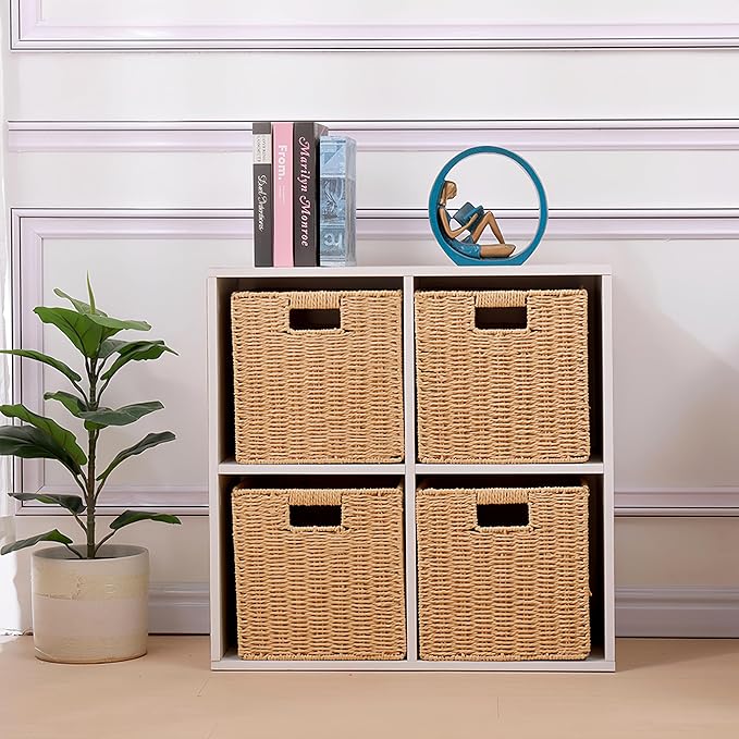 Foldable Storage Baskets with Handles, 11x11x11 Inch, 4 Pack | Paper Rope Square Storage Cubes Bins for Shelves, Living Room, Bedroom, Pantry - Image 4