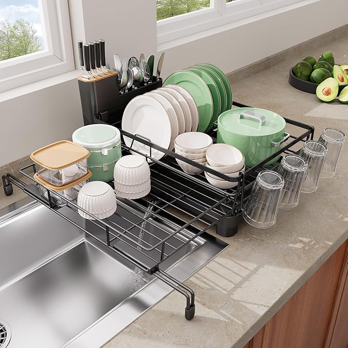 Runnatal Dish Drying Rack - Expandable Large Dish Rack Over Sink | Drying Dish Drainer for Kitchen Counter, Stainless Steel Dish Strainer with Utensil Holder & Cup Holder, Black by Runnatal