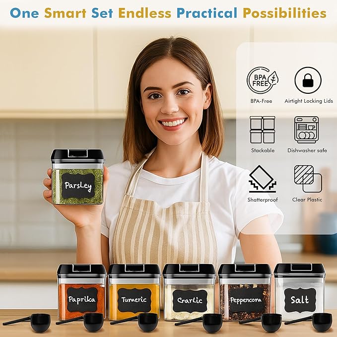 Shazo 6 PC Airtight Food Storage Containers + 6 Spoons Included - BPA Free Plastic Snack & Spice Containers with Easy Lock Lids - Kitchen and Pantry Organization for Herbs Coffee Tea - 0.5L / 2.1 Cup - Image 4