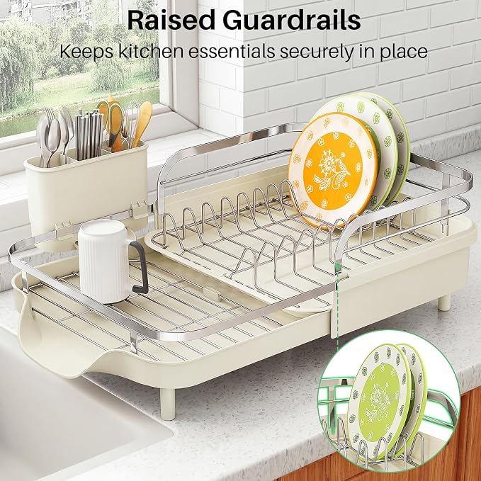 SAYZH Expandable Dish Drying Rack for Small Kitchen Counter, Beige | Stainless Steel, Protective Guardrail, Angled Drainboard, Fits High-Rim Sinks, Removable Utensil Holder - Image 5