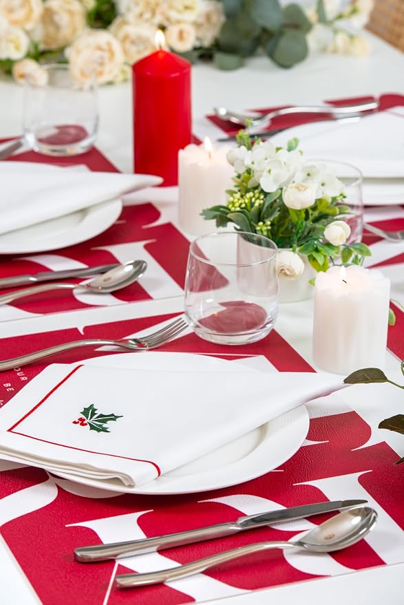 Hofdeco Premium Classic Christmas Holiday Cotton Cloth Napkins Set of 4, Washable Dinner for Christmas, Events, Parties, Embroidered Holly Red Green, 20"x20" - Image 2