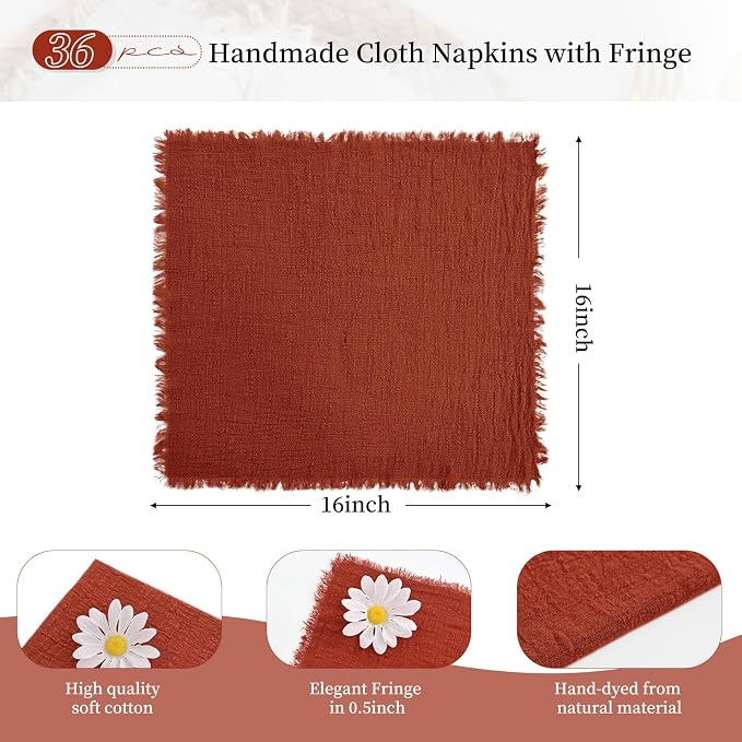 36 Pack Terracotta Napkins Cotton Linen Napkin 16 x 16 Inch Terracotta Napkins Cloth Handmade with Fringe Soft Washable Rustic Dinner Napkin Cloths for Wedding Party Dinner Table - Image 3