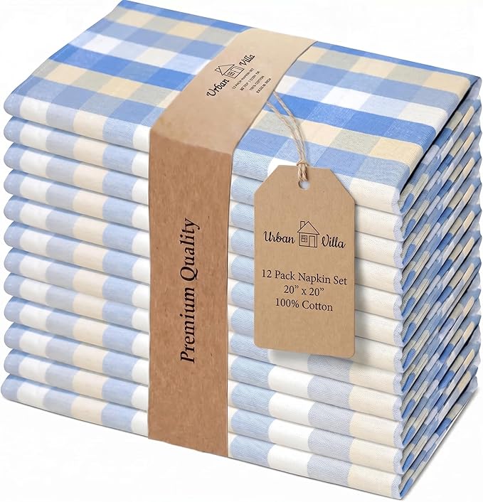 Urban Villa Cloth Napkins Cotton 20x20 (Set of 12) Blue Sand Checks by CottonTrends