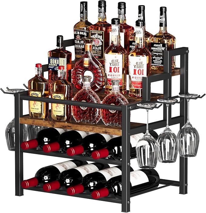 5-Tier Liquor Bottle Display Shelf, Holds up to 20 Bottles, Countertop Wine Racks with 6 Wine Glass Holders, Mini Wine Bar Cabinet for Home, All in One Coffee Syrup Whiskey Organizer by Homeiju