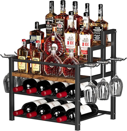 5-Tier Liquor Bottle Display Shelf, Holds up to 20 Bottles, Countertop Wine Racks with 6 Wine Glass Holders, Mini Wine Bar Cabinet for Home, All in One Coffee Syrup Whiskey Organizer by Homeiju