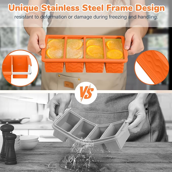 Silicone Freezer Trays with Lid (4-Pack), 1-Cup, 2-Cup, 1/2-Cup & 2-Tbsp Silicone Freezer Molds, Stackable Soup Freezer Meal Prep Containers,Ice Cube Tray for Making Sauce,Smoothies,Yogurt Bites - Image 3