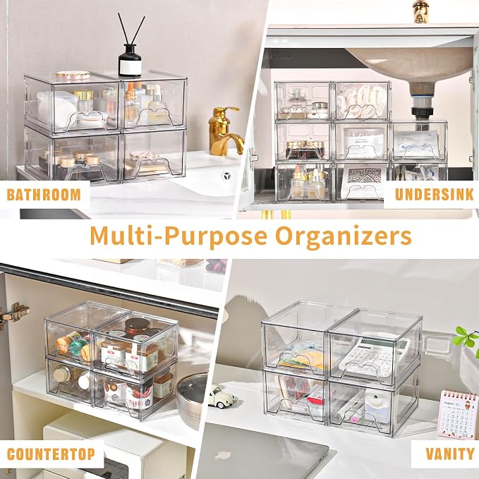 6 Pack Stackable Storage Drawers,Makeup Organizer with Pull-out Drawer | 4.4'' Tall, Acrylic Clear Plastic Storage Bins for Vanity,Pantry,Desk,Undersink,Kitchen,Bathroom - Image 7