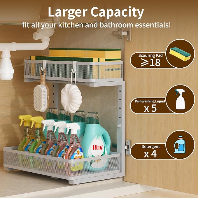 Under Sink Organizer 2 Pack, 2-Tier Slide Out Cabinet Organizer with Metal Sliding Drawer and Hooks, Pull Out Storage Baskets for Kitchen Bathroom Pantry Cabinet Organization (grey) - Image 3