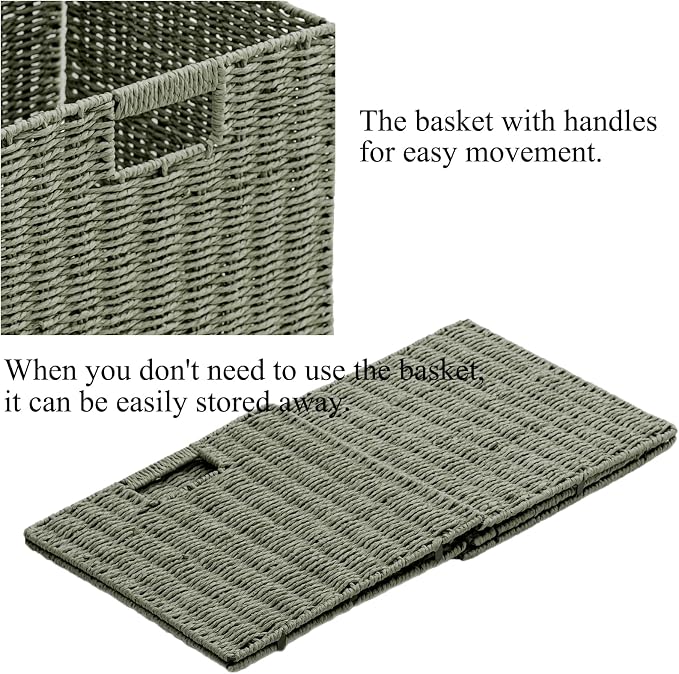 Handwoven Paper Woven Cube Basket Organizer with Handles set of 4 Foldable Storage baskets for Bedroom Living Room Cubby Storage Units for Clothes Books Toys (Green, 13" L x 13" W x 13" H) - Image 7