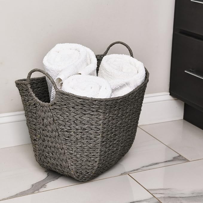 Household Essentials Handwoven Paper Rope Storage Basket with Metal Frame and Handles, Gray - Image 7