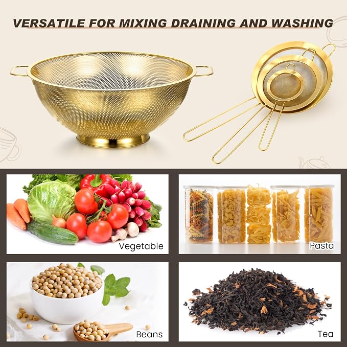 Norme 7 Quart Stainless Steel Gold Colander and 3 Pcs Gold Fine Mesh Strainer, Stainless Steel Pasta Rice Food Metal Strainer with Handles, Easy Clean and Dishwasher Safe - Image 5