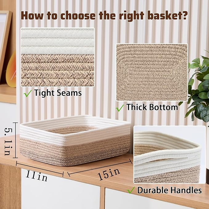 MiniArk Large Shallow Organizing Baskets 15x11x5.1 Inches - Rope Woven Storage Bins for Bathroom, Shelves, Cube Closet, Gradient Brown 4 Packs - Image 2