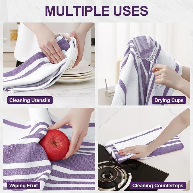 Homaxy Premium Cotton Stripe Kitchen Towels 8 Pack, 18"x 28", Purple | Large 380 GSM Kitchen Hand Towels, Soft Terry Dish Towels, Highly Absorbent Tea Towel Set with Hanging Loop - Image 4