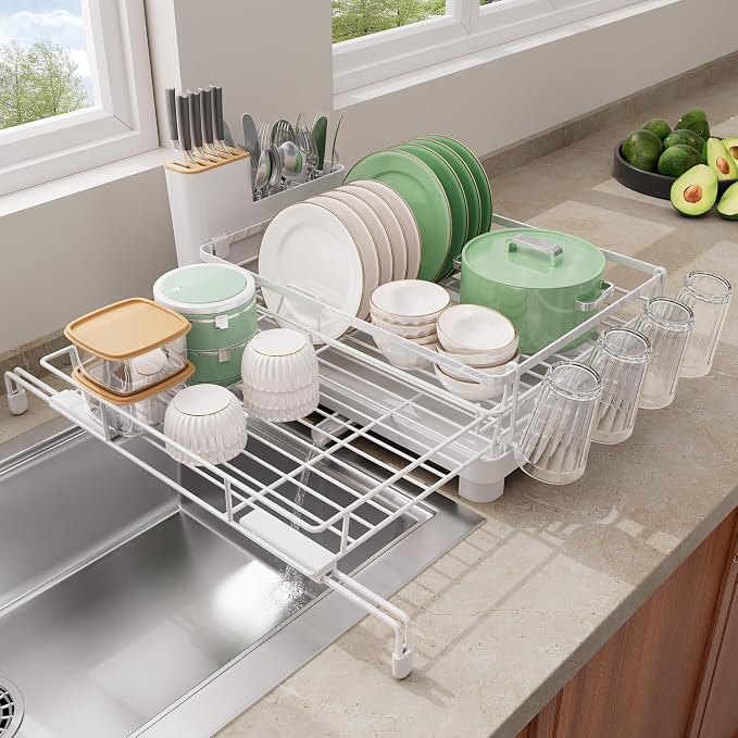 Runnatal Large Dish Drying Rack, Extendable Dish Rack Over Sink | Stainless Steel Dish Strainer with Drainboard, Utensil Holder & Cup Holder for Kitchen Counter, White by Runnatal