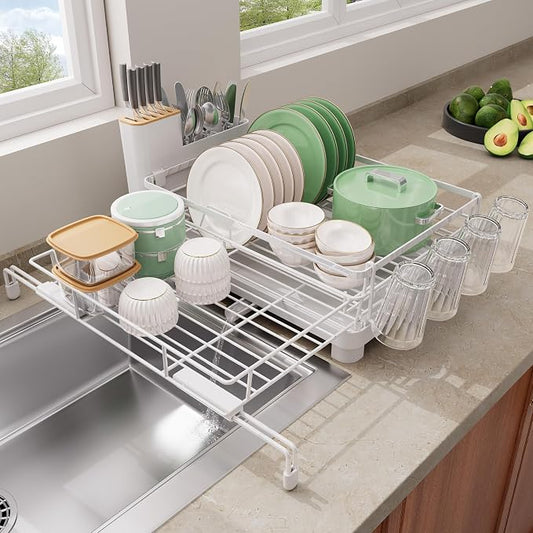 Runnatal Large Dish Drying Rack, Extendable Dish Rack Over Sink | Stainless Steel Dish Strainer with Drainboard, Utensil Holder & Cup Holder for Kitchen Counter, White by Runnatal