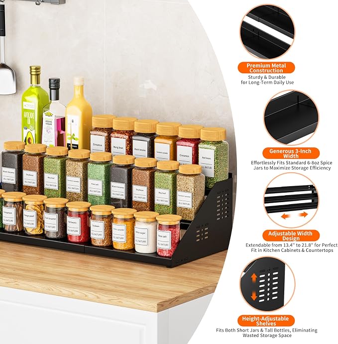 RCHYFEED 3 Tier Spice Rack Organizer for Cabinet,Expands 13.4 to 21.8 Inch | Black, Height Adjustable Metal Spice Rack, Display Shelf Ideal for Cabinet, Countertop and Pantry Spice Organization - Image 6