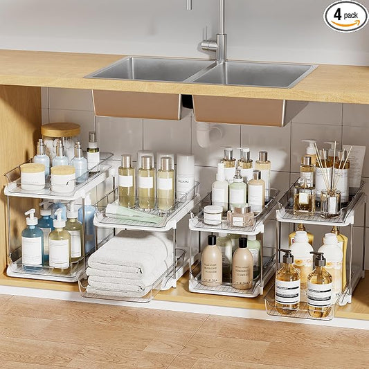 Delamu 2-Tier Multi-Purpose Bathroom Under Sink Organizers and Storage, Stackable Kitchen Pantry Organization, Pull Out Medicine Cabinet Organizer with Movable Dividers, White, 4Pack by DELAMU