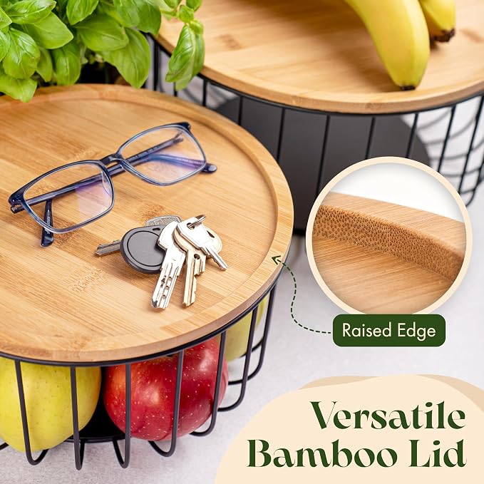 Fruit Basket for Kitchen Counter Set of 3 - Large Stackable Baskets with Bamboo Lid - Fruit Bowl, Perfect Holder For Fruits and Vegetable Storage -Keep Your Countertop Classy, Tidy and Slightly Fruity - Image 7