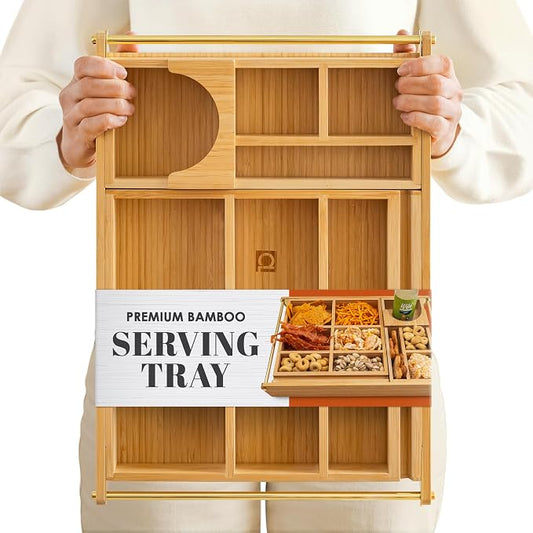 Bamboo Serving Tray with Removable Dividers & Gold Stainless Steel Handles, 16.5" x 11.2" Premium Snack Tray, Charcuterie Tray, Ottoman Tray, Coffee Table Tray for Living Room Decor by ApaceLiving