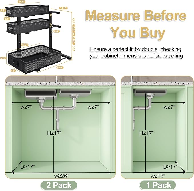 3 Tier Under Sink Organizer,Black Metal Pull Out Kitchen Cabinet Organizers, Slide Out Under Sink Storage Drawers, Undersink Organizer,Bathroom Counter Shelf, Pantry Organization and Storage （2 Pack） - Image 2