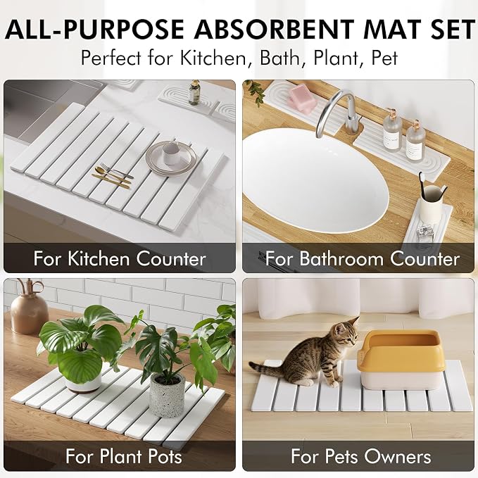 4 Pcs Stone Dish Drying Mat Set, 24''x16'' Large Super Absorbent Diatomaceous Earth Stone Drying Mat Faucet Mat with 2 Coasters, Collapsible Quick Dry Mat for Kitchen Counter Dishes - Image 8