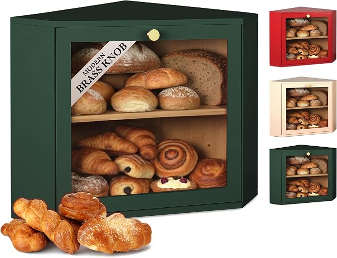 2 Tier Corner Bread Box for Kitchen Countertop, Green | Space-saving, food-safe bamboo corner countertop cabinet featuring a modern brass knob & controlled airflow. by Unknown