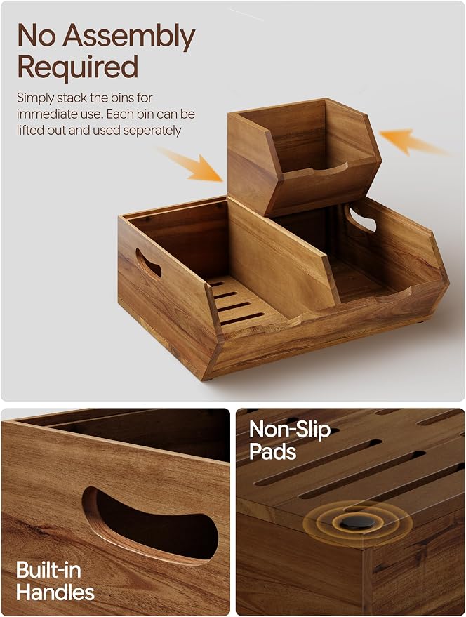 TIDITA Set 3 Wood Potato and Onion Storage Bin, Stackable Product Basket | Acacia Wood, Built-in Handles, Ventilated Pantry Storage Bins, 50LBS Capacity, Non-skid Pad, Slatted Bottoms, Multi-Use - Image 3