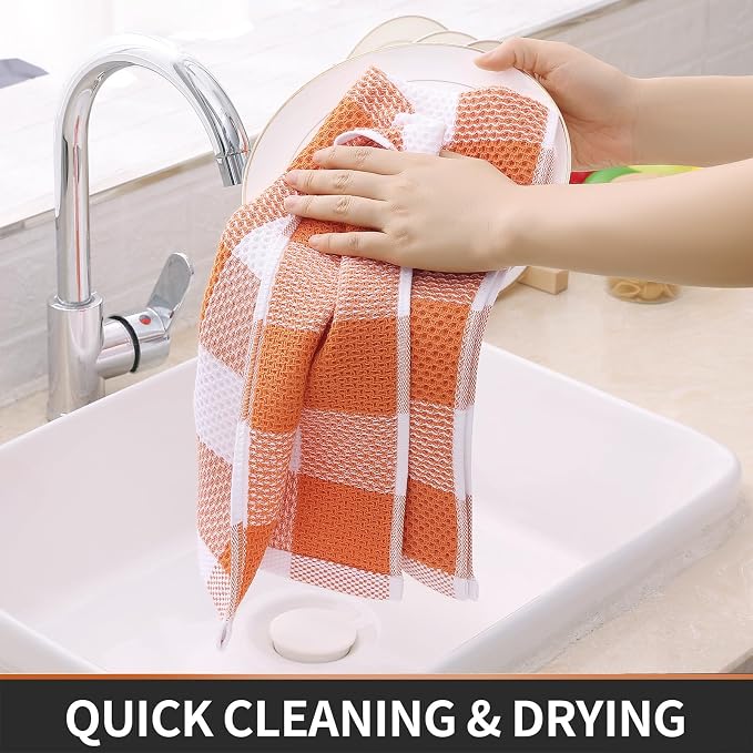Homaxy Kitchen Towels and Dishcloths Set, Set of 8, White & Orange | Bulk Cotton Waffle Weave Check Plaid Kitchen Towels, Super Soft and Absorbent Dish Cloths, 12 x 12 and 13 x 28 Inches - Image 5