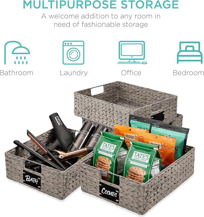 Best Choice Products Set of 4 16x12in Large Water Hyacinth Pantry Baskets, Woven Organizers w/Chalkboard Label, Chalk Marker - Gray - Image 6