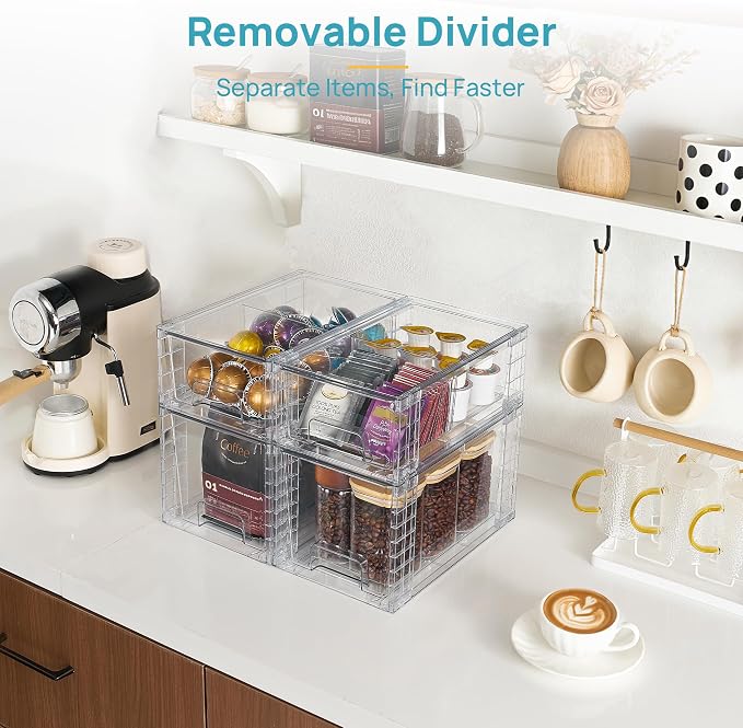 Vtopmart Clear Stackable Storage Drawers, 4 Pack Kitchen Cabinet Set | Medium and Small Pull-Out PET Drawers with Stackable Design for Kitchen Cabinets, Pantry, Under Sink, Medicine - Image 7