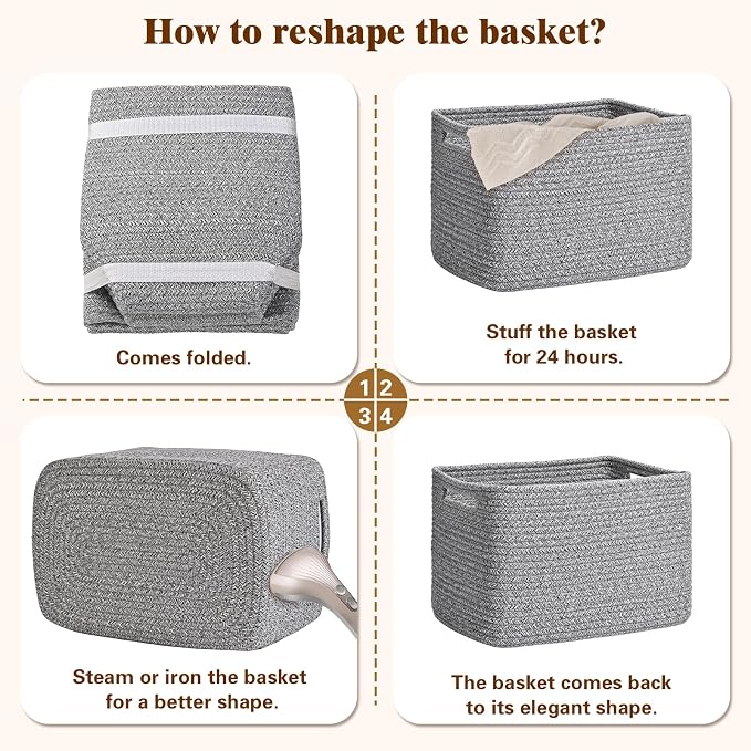 Storage Baskets for Organizing, 4 Pack Baskets for Shelves, Decorative Storage Bins for Shelves, Cotton Rope Storage Basket with Handles, Woven Basket for Storage, 13''Lx8.7''Wx7.9''H, Gray - Image 8