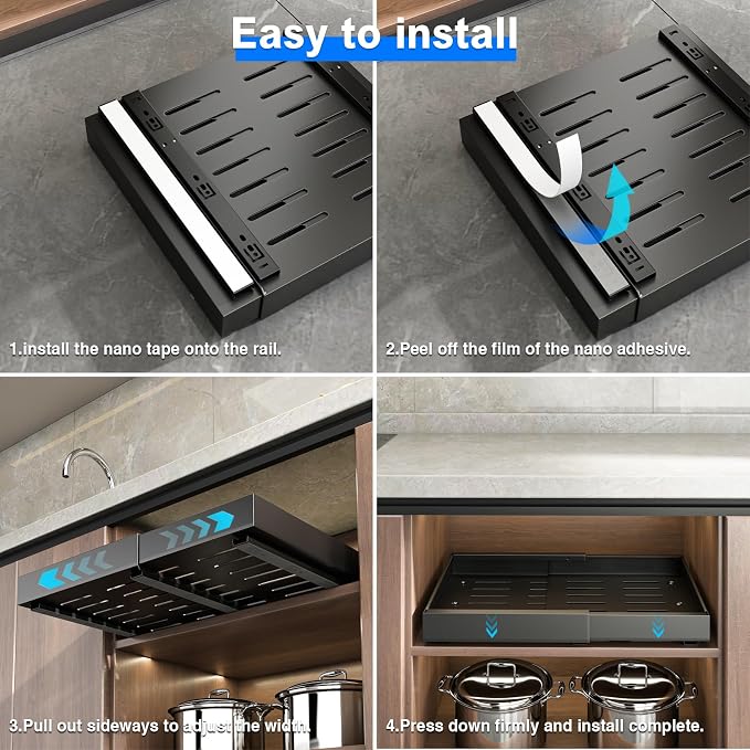 Mustorn 2 Pack Pull Out Cabinet Organizer, Expandable Slide Out Drawers for Kitchen Cabinets Peel and Stick Pullout Drawer Heavy Duty Sliding Shelves for Cupboard, Pantry, Bathroom(16.5" Deep, Black) - Image 8