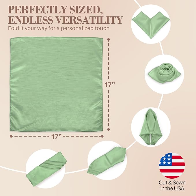 17 x 17-Inch Shantung Satin Cloth Napkins, Sage, Set of 60 | Bulk Case of 5 Dozen, Square, 100% Polyester Fabric, Reversible, Faux Dupioni Silk Reverse Side, Machine Washable, Green - Image 6