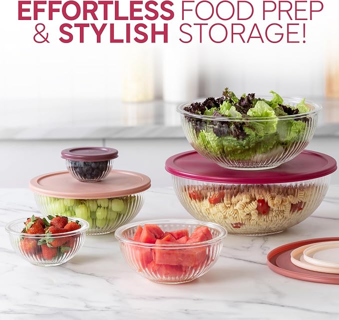 COOK WITH COLOR 12 Pc Glass Mixing Bowl Set with Lids – Borosilicate Glass Nesting Bowls for Cooking, Baking and Meal Prep, Fluted Rose - Image 4