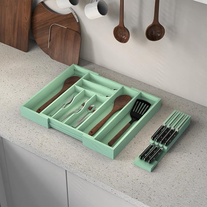 Bamboo Kitchen Drawer Organizer, Expandable Silverware Organizer with Removable Knife Block, 6-8 Slots- Utensil Holder & Cutlery Tray Drawer Dividers, 2.36" Deep for Extra Capacity, Cyan - Image 6