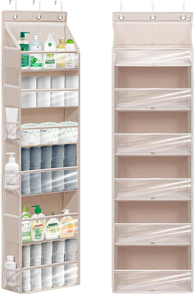 Over Door Organizer with 6 Extra Large Pockets 12 Side Pockets, Sturdy Closet Storage Rack, Hanging Storage Organizer with Clear Window for Shoes, Diapers, Toys, Bedroom, Bathroom, Beige by Unknown