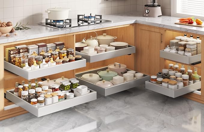 Seinloes 4 Pack Pull Out Cabinet Organizers 21" Deep With Raising Pad for Framed Cabinets, Expandable Slide Out Drawers with 4pcs Divider Racks, Roll Out Shelves, Adjustable Width 12"-20.45" Silver - Image 6