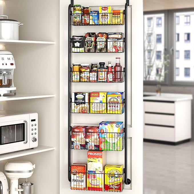VECELO Kitchen Over the Door Organizer, 6-Tier Pantry Door Organizers and Storage, Metal Sturdy Over the Door Pantry Organizer, Easy Installation Over the Door Storage Spice Rack Shelves, Black by VECELO